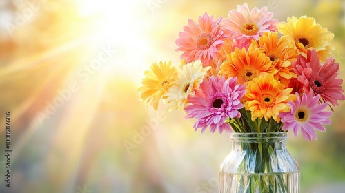  A vividly colored vase brimming with blooms rests atop a rustic wooden table, bathed in golden sunlight