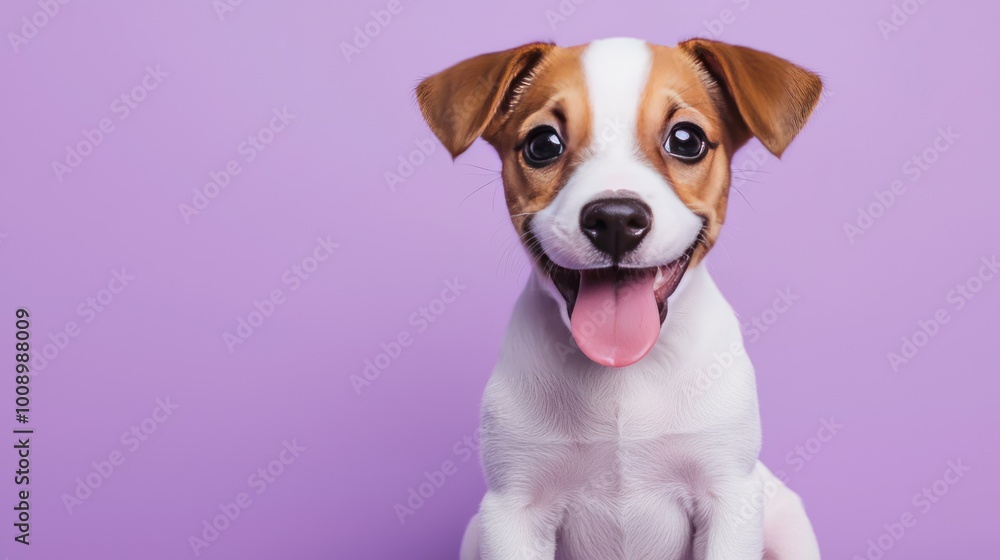 Cheerful Canine Companion: Playful Puppy Sitting Happily on Lavender Background Cheerful Canine Companion: Playful Puppy Sitting Happily on Lavender Background