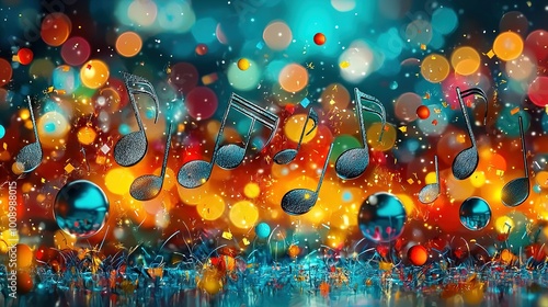   A painting featuring melodious notes against a vibrant blue-orange backdrop, illuminated by warm bokeh lights and shimmering bubbles