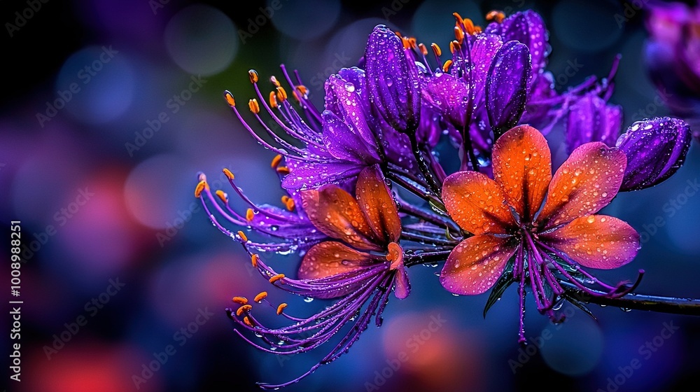 a purple flower with droplets of water and an out-of-focus backdrop of purple blossoms a purple flower with droplets of water and an out-of-focus backdrop of purple blossoms