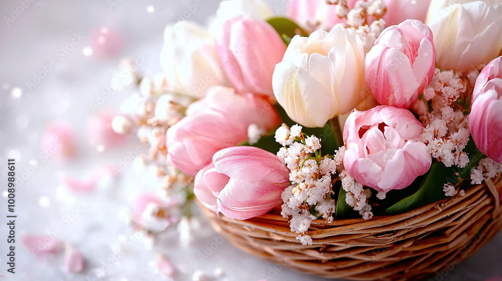 A wicker basket brimming with pink and white tulips and delicate baby's breath flowers sits atop a pristine white surface A wicker basket brimming with pink and white tulips and delicate baby's breath flowers sits atop a pristine white surface