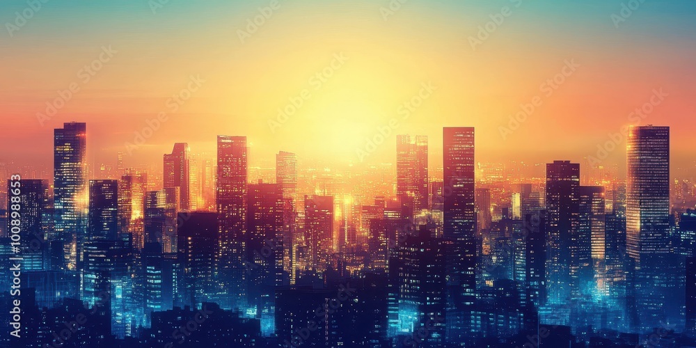 A vibrant skyline at sunset, showcasing modern architecture silhouetted against a colorful and glowing horizon. A vibrant skyline at sunset, showcasing modern architecture silhouetted against a colorful and glowing horizon.