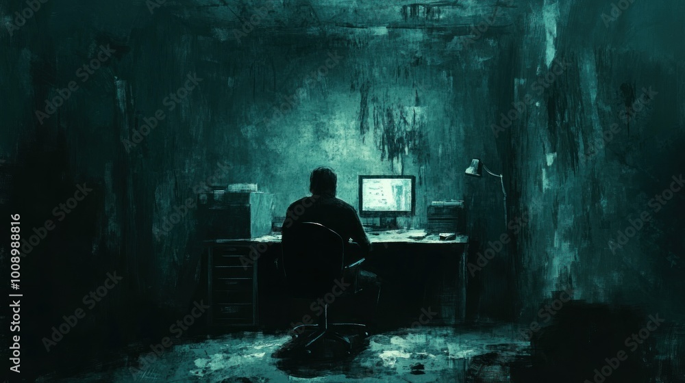 A Silhouetted Figure Working Late at a Computer in a Dark Room A Silhouetted Figure Working Late at a Computer in a Dark Room