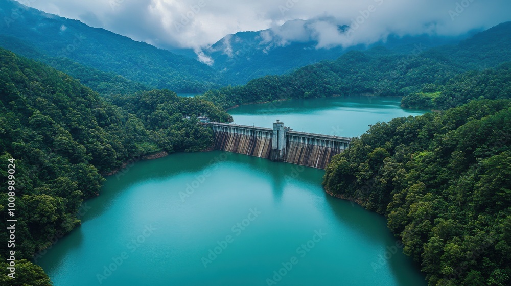 An aerial view of a hydroelectric dam, displaying the reservoir and power plant, situated in a forested, mountainous region, exemplifying sustainable energy infrastructure. An aerial view of a hydroelectric dam, displaying the reservoir and power plant, situated in a forested, mountainous region, exemplifying sustainable energy infrastructure.