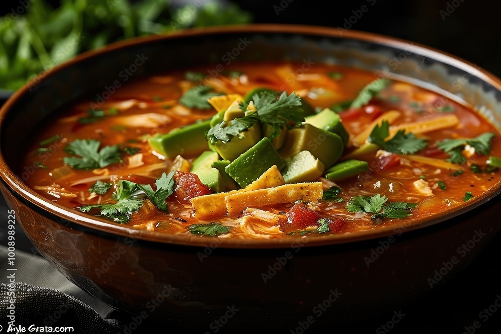 A bowl of tortilla soup, with a tomato-based broth, crispy tortilla strips, avocado, shredded chicken, and a sprinkle of cheese, garnished with fresh cilantro A bowl of tortilla soup, with a tomato-based broth, crispy tortilla strips, avocado, shredded chicken, and a sprinkle of cheese, garnished with fresh cilantro