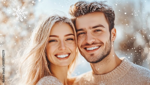 Portrait, Smiling, Couple, Snowy, Day. Love, And, Romance, In, The, Winter. Christmas, Holidays.