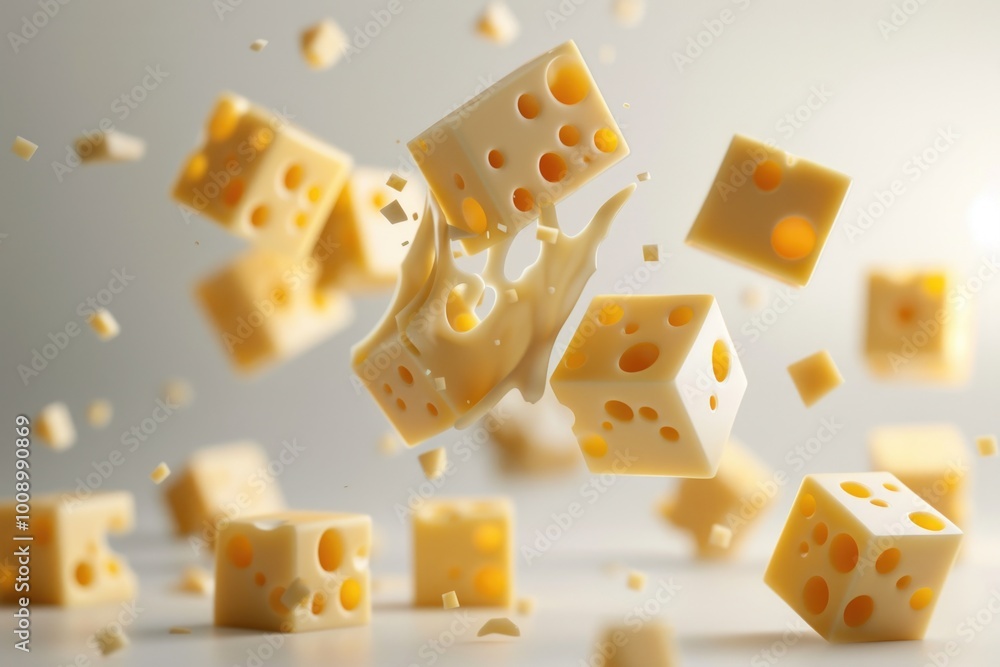A bunch of cheese cubes suspended in mid-air A bunch of cheese cubes suspended in mid-air