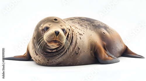 Rotund and Content Sea Lion Resting on White Background