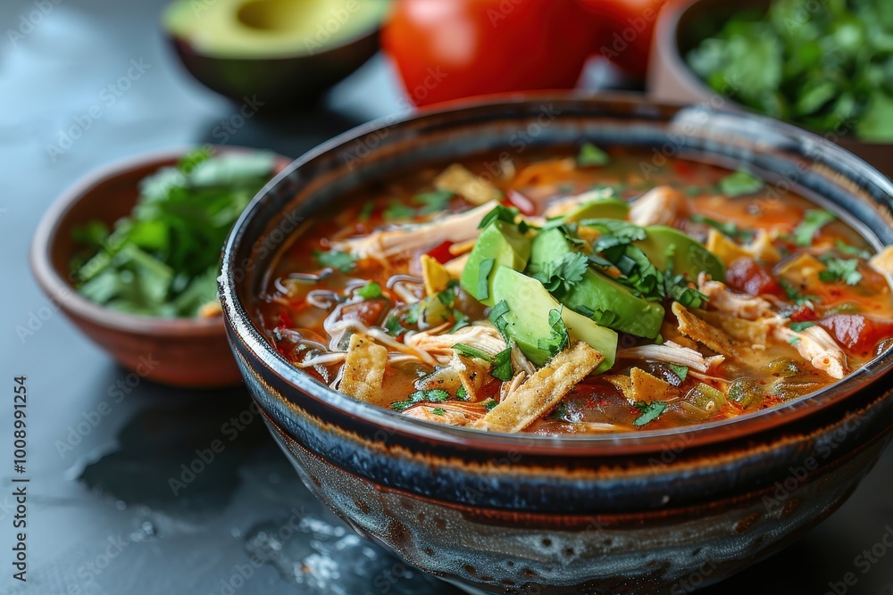 A bowl of tortilla soup, with a tomato-based broth, crispy tortilla strips, avocado, shredded chicken, and a sprinkle of cheese, garnished with fresh cilantro A bowl of tortilla soup, with a tomato-based broth, crispy tortilla strips, avocado, shredded chicken, and a sprinkle of cheese, garnished with fresh cilantro