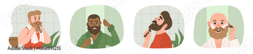 Men grooming beards in bathroom.