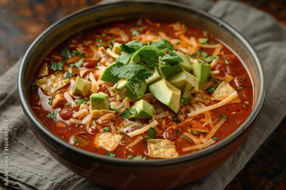 A bowl of tortilla soup, with a tomato-based broth, crispy tortilla strips, avocado, shredded chicken, and a sprinkle of cheese, garnished with fresh cilantro A bowl of tortilla soup, with a tomato-based broth, crispy tortilla strips, avocado, shredded chicken, and a sprinkle of cheese, garnished with fresh cilantro