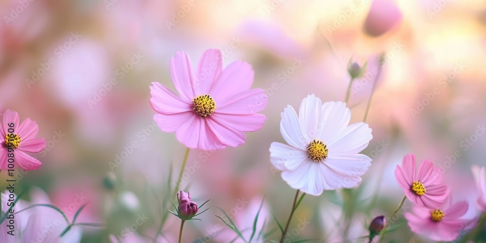 Delicate pink and white flowers bloom in a vibrant garden, creating a serene and beautiful natural landscape. Delicate pink and white flowers bloom in a vibrant garden, creating a serene and beautiful natural landscape.