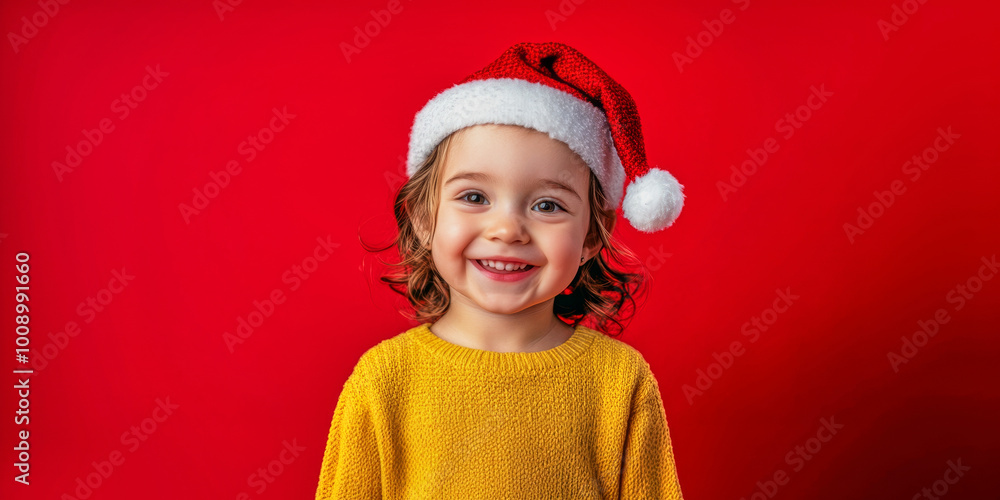 Cheerful toddler girl wearing a Santa hat on a red background celebrating Christmas and New Year Cheerful toddler girl wearing a Santa hat on a red background celebrating Christmas and New Year