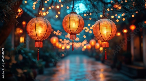 Illuminated Chinese Lanterns Hanging from Tree Branches at Night