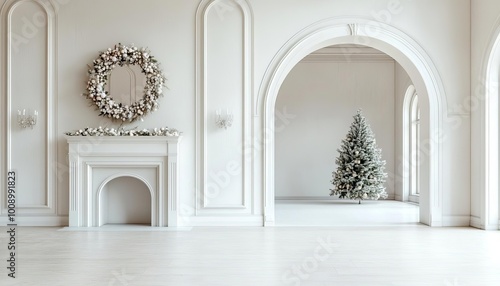 Christmas interior with tree and wreath in elegant white room.