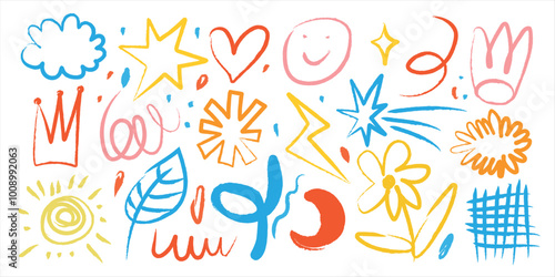 Set of hand drawn colorful charcoal doodle shapes and squiggles in childish  style. Pencil drawings isolated on white background. Sun, crown, flowers, stars, heart and decorative elements.