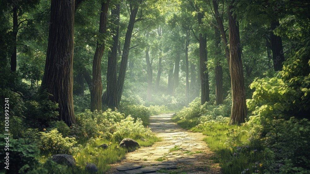 A Stone Path Through a Sun-Dappled Forest