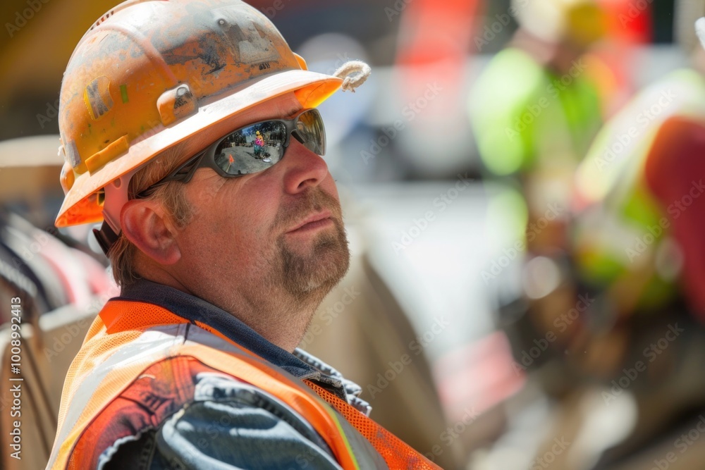 A construction worker on site, wearing a hard hat and reflective glasses A construction worker on site, wearing a hard hat and reflective glasses