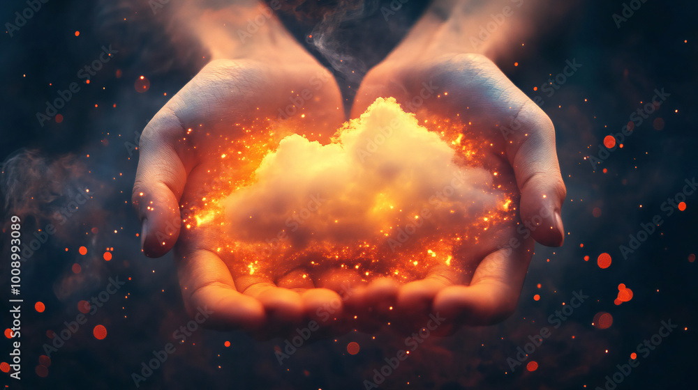 Hands holding a cloud with fire particles, abstract background Hands holding a cloud with fire particles, abstract background