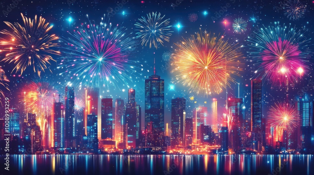 A bright and festive New Year 2025 banner with colorful fireworks bursting in the night sky above a cityscape, capturing the excitement and joy of the celebration. A bright and festive New Year 2025 banner with colorful fireworks bursting in the night sky above a cityscape, capturing the excitement and joy of the celebration.