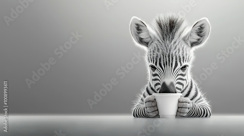   A monochromatic image depicts a zebra sipping from a coffee mug while resting its forepaws on a table surface photo