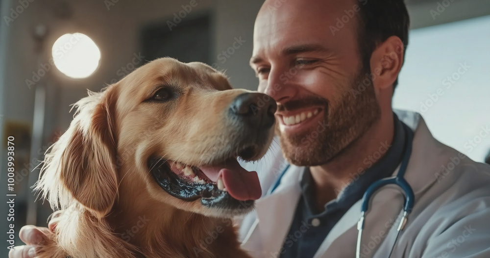 Male doctor smiling with a golden retriever dog at a clinic. Male doctor smiling with a golden retriever dog at a clinic.