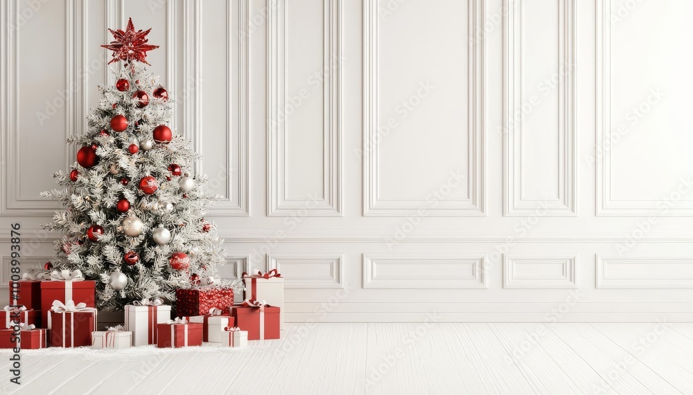 Christmas tree with gifts in a bright, white room setting. Christmas tree with gifts in a bright, white room setting.
