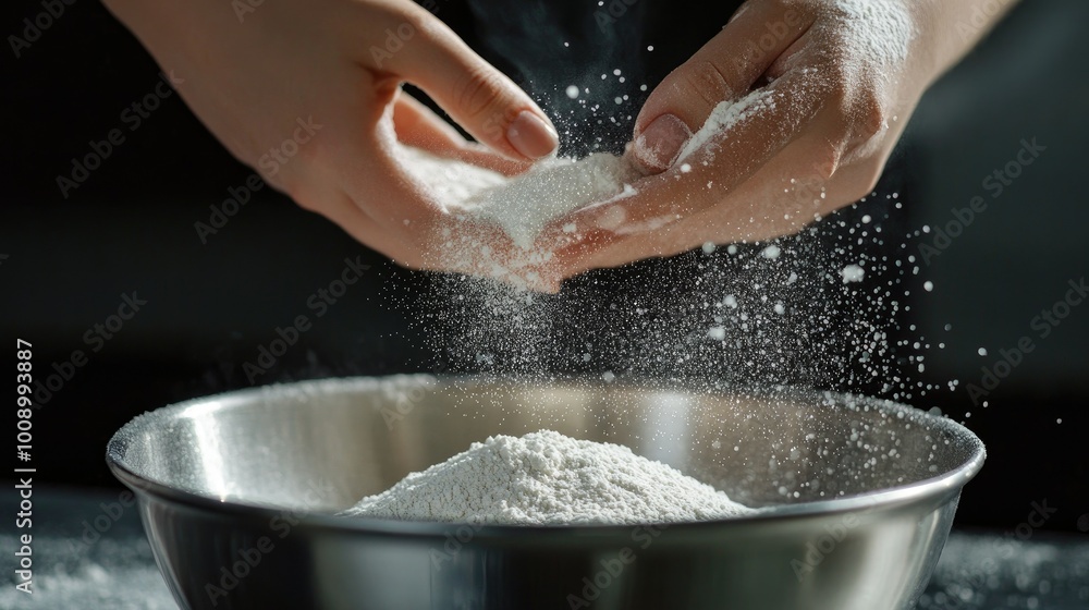 Fototapeta premium A close-up of a female hand sifting white flour into a bowl, the fine powder floating delicately in the air, reminiscent of a snowy day.