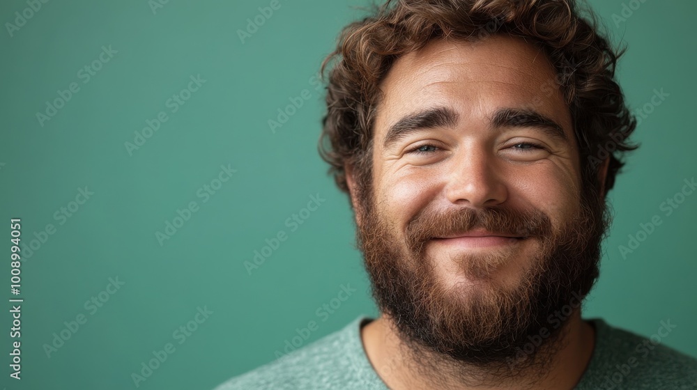 Fototapeta premium A close-up portrait of a happy, plus-size man with a beard and natural smile, standing confidently against a green background, promoting health and self-acceptance.