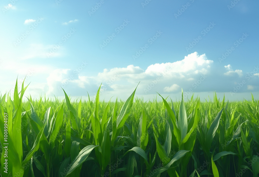 Fototapeta premium Lush green cornfield under bright blue sky with fluffy clouds, creating serene and tranquil atmosphere. vibrant plants sway gently in breeze, showcasing natures beauty