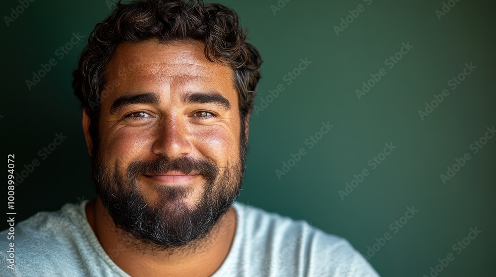 A close-up portrait of a healthy, plus-size man with a beard, smiling confidently against a green background, highlighting natural beauty and self-assurance. A close-up portrait of a healthy, plus-size man with a beard, smiling confidently against a green background, highlighting natural beauty and self-assurance.