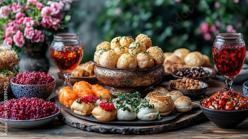 Delicious Appetizers and Drinks on a Rustic Wooden Table