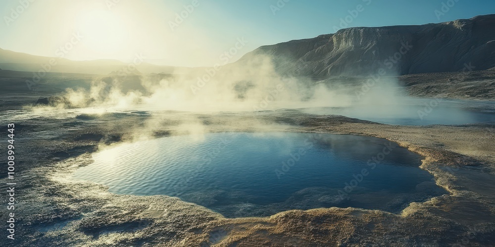 Obraz premium Mesmerizing geothermal pool surrounded by steam, showcasing the beauty of nature in a tranquil landscape during golden hour.