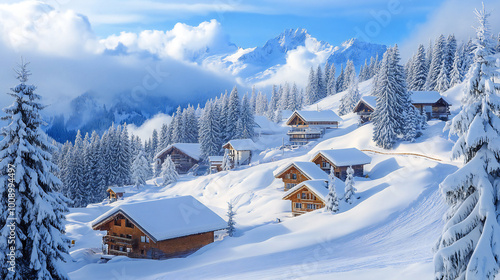 Winter vacation, panoramic view on the ski resort. 