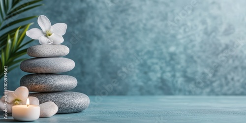 Serene arrangement of stacked stones with flower and candle, ideal for relaxation, meditation, and wellness themes. photo