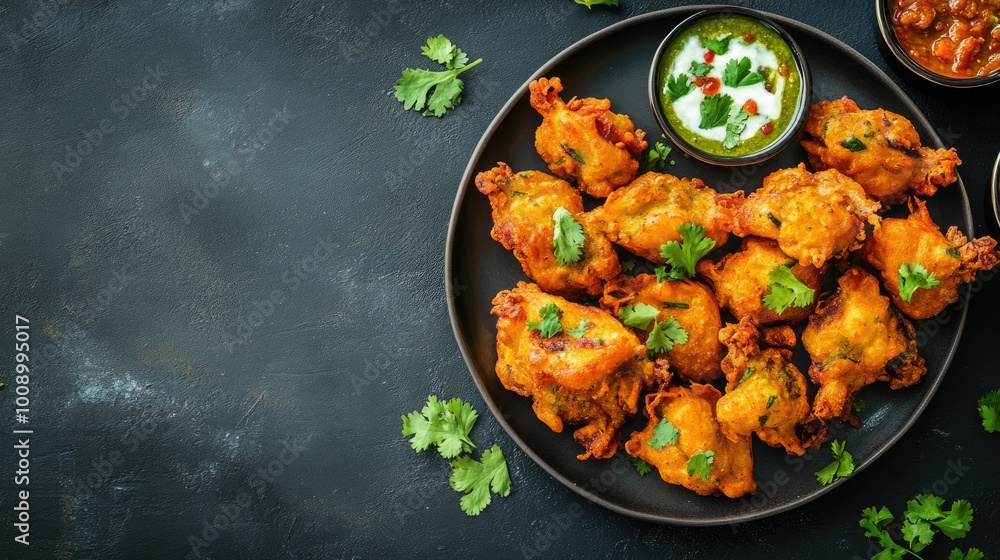 Flat lay of Indian pakoras with chutney and yogurt, ample room for text Flat lay of Indian pakoras with chutney and yogurt, ample room for text