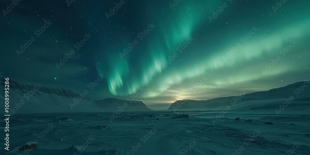 Naklejka premium Stunning aurora borealis illuminates the night sky over a serene frozen landscape, showcasing nature's breathtaking beauty.