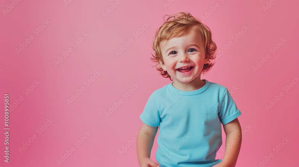Happy smiling toddler boy in a light blue shirt against a pink background with copy space for text Happy smiling toddler boy in a light blue shirt against a pink background with copy space for text