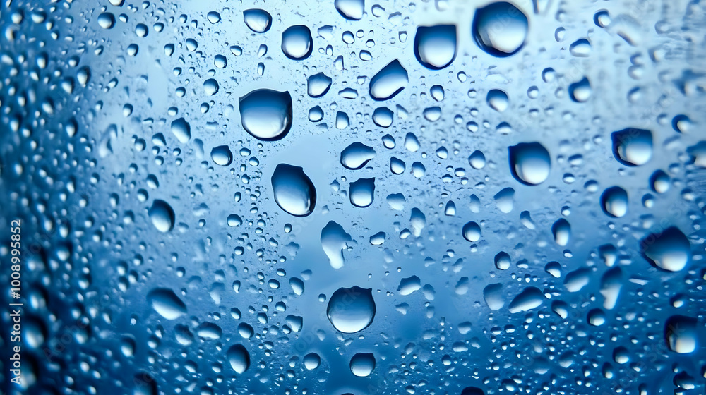 Blue Water Droplets on Glass Surface in Macro View Blue Water Droplets on Glass Surface in Macro View