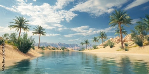 Tranquil oasis landscape with clear blue water, lush palms, and golden sand under a bright sky, perfect for relaxation and escape.