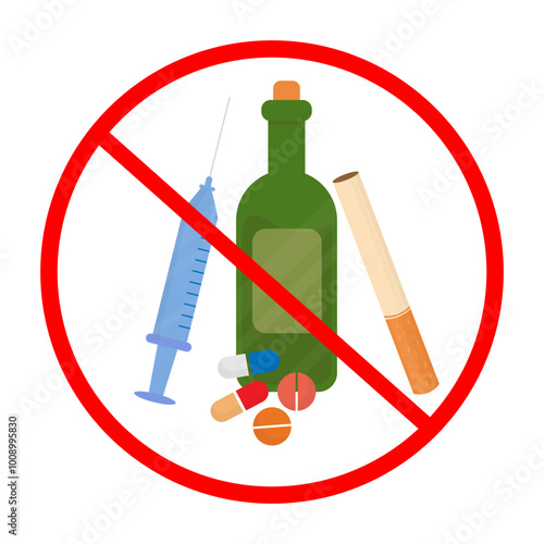 vector warning sign prohibited from consuming drugs, injections, cigarettes, alcohol and illegal drugs