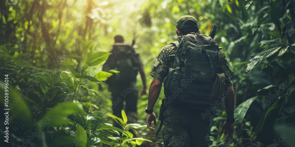 Two soldiers navigate through a dense jungle, showcasing teamwork and survival in a lush, green environment. Two soldiers navigate through a dense jungle, showcasing teamwork and survival in a lush, green environment.