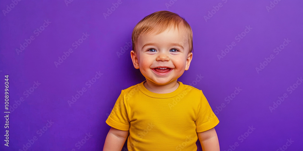 Happy smiling toddler boy in a bright yellow shirt against a vibrant purple background Happy smiling toddler boy in a bright yellow shirt against a vibrant purple background