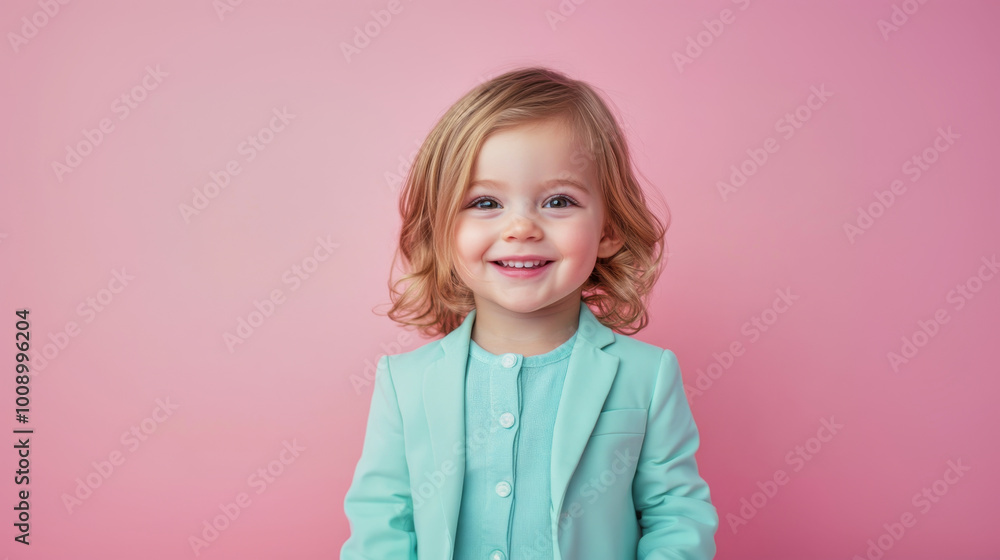 Happy smiling toddler girl in a light blue outfit against a soft pink background Happy smiling toddler girl in a light blue outfit against a soft pink background