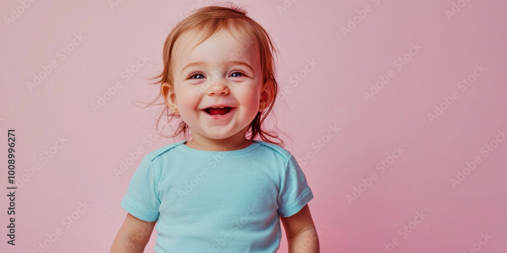 Joyful smiling toddler girl dressed in blue against a soft pink background with ample copy space Joyful smiling toddler girl dressed in blue against a soft pink background with ample copy space