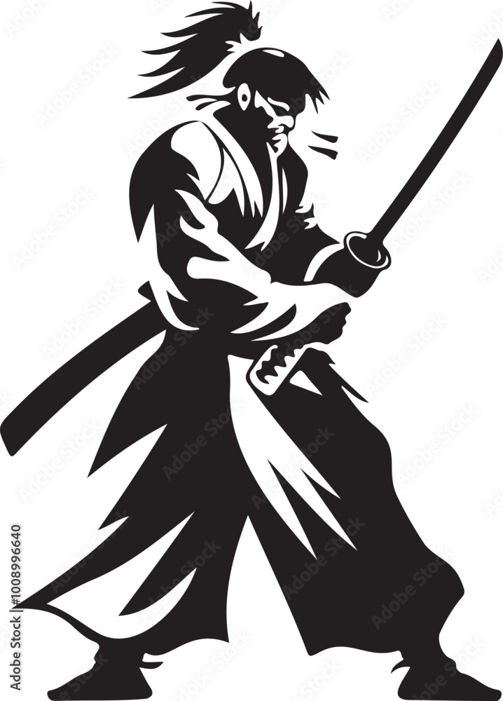 Dynamic Samurai Warrior in Action with Katana in Vector Art Dynamic Samurai Warrior in Action with Katana in Vector Art