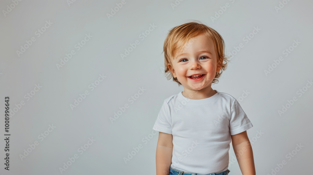 Happy white toddler smiling joyfully on white background during a bright afternoon Happy white toddler smiling joyfully on white background during a bright afternoon