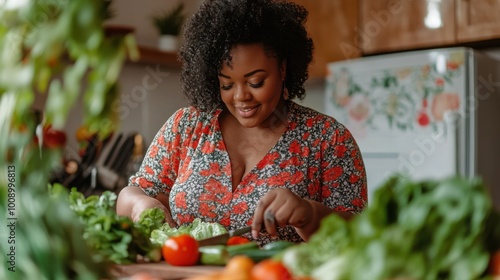 A fat woman preparing a healthy meal in her kitchen, surrounded by fresh vegetables, highlighting diabetes-friendly nutrition and lifestyle. photo