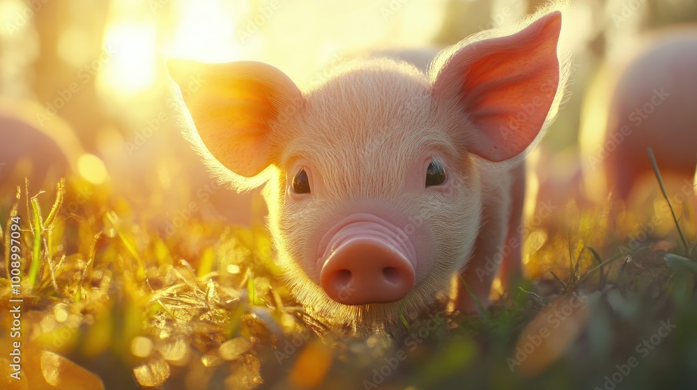 A close-up of a tiny piglet's snout as it investigates a patch of grass, with its ears perked up and the sun shining down on the farm. A close-up of a tiny piglet's snout as it investigates a patch of grass, with its ears perked up and the sun shining down on the farm.