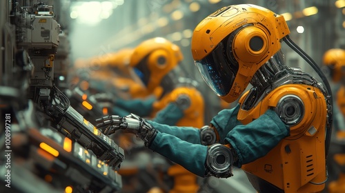 Three humanoid robots in yellow suits work on a futuristic assem photo